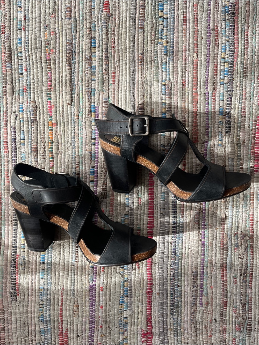 Frye Black Leather Strappy Block Heel Sandals